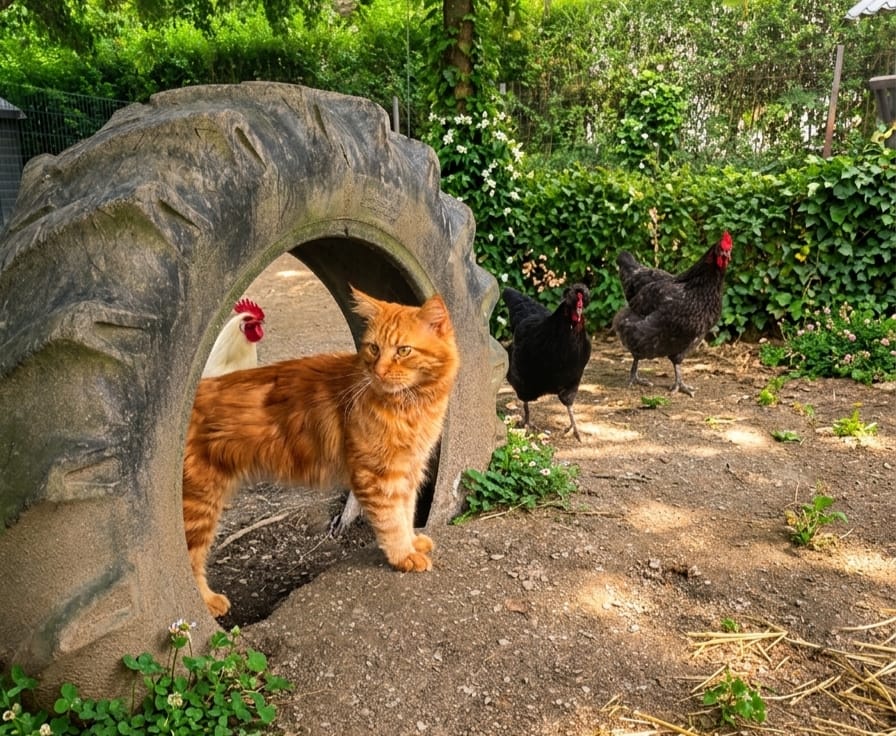 Katze und Hühner auf dem Hof der Starkenburger Perle