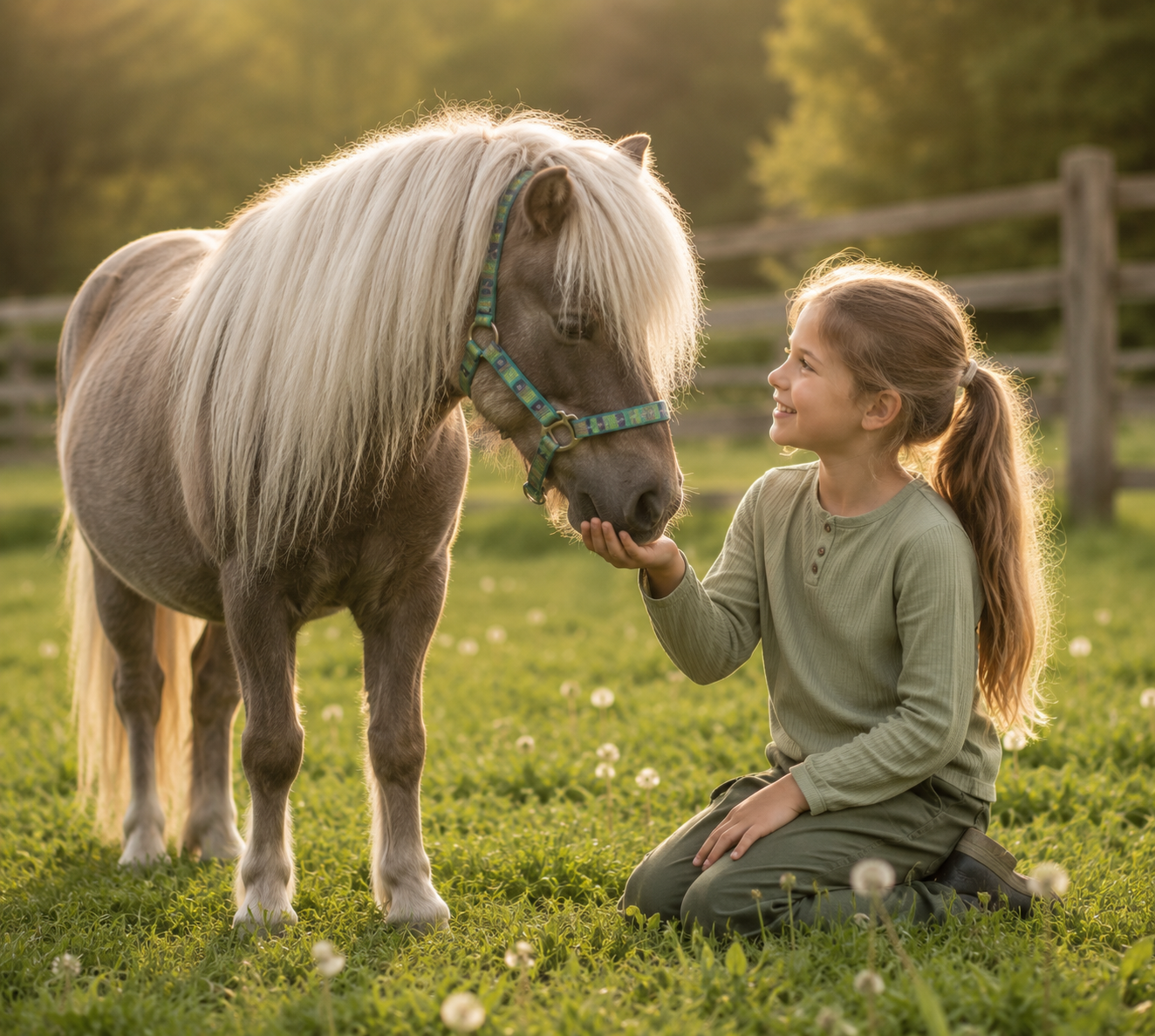 Mädchen kniet vor einem Pony auf einer Wiese