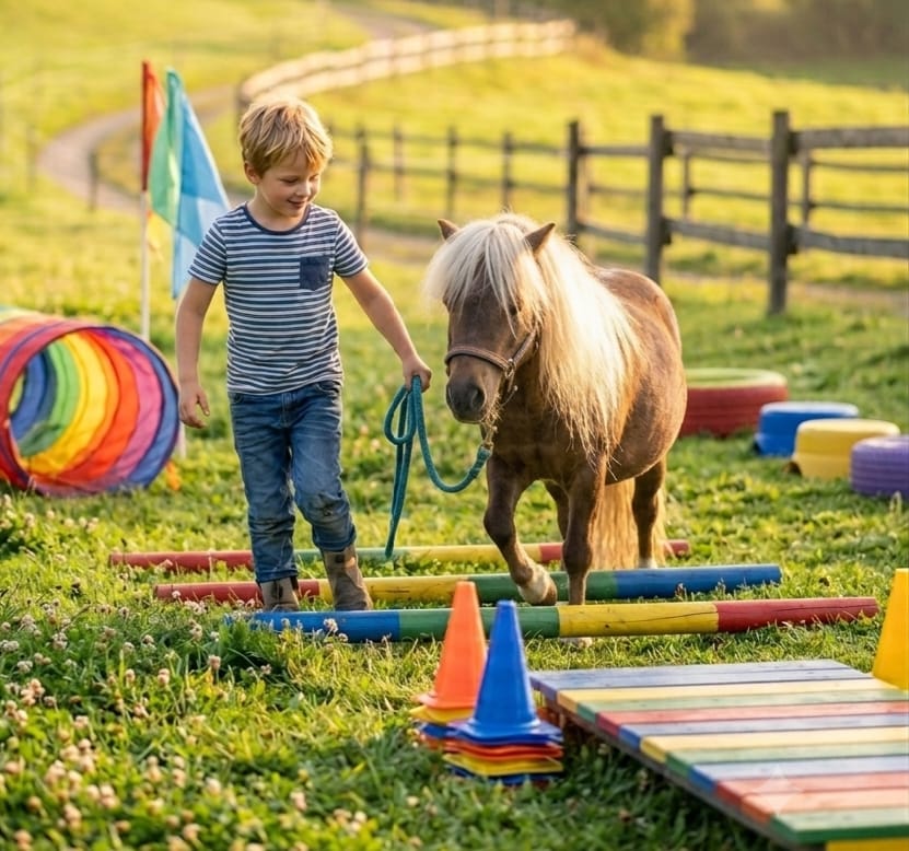 Kind führt ein Pony durch einen bunten Parcours