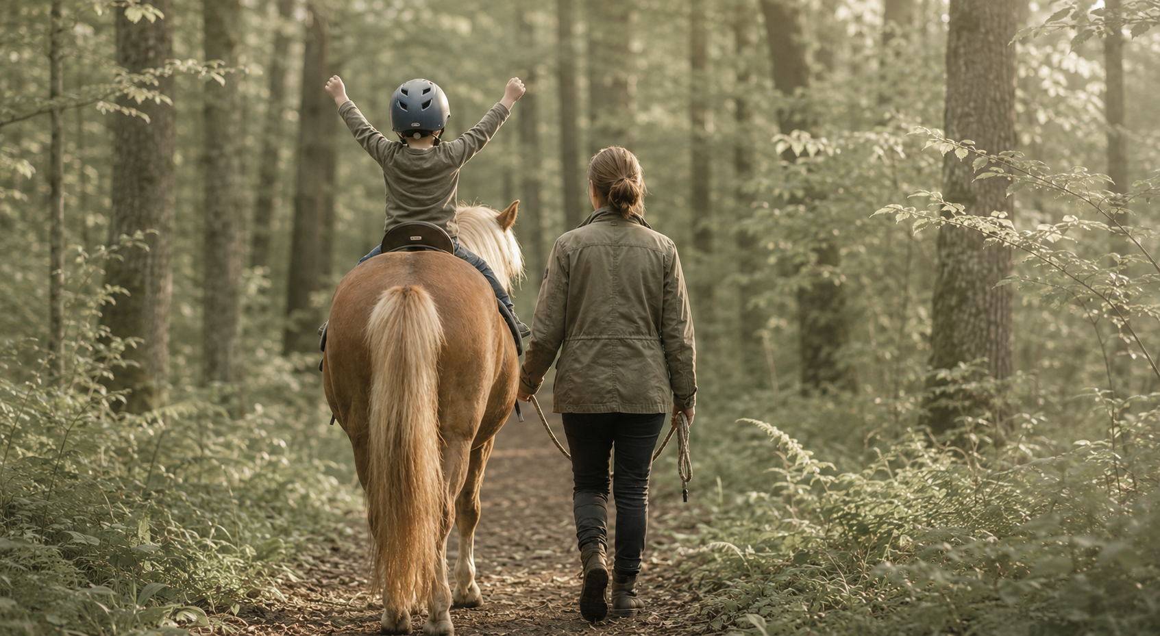 Kind reitet in der Abendsonne durch den Wald