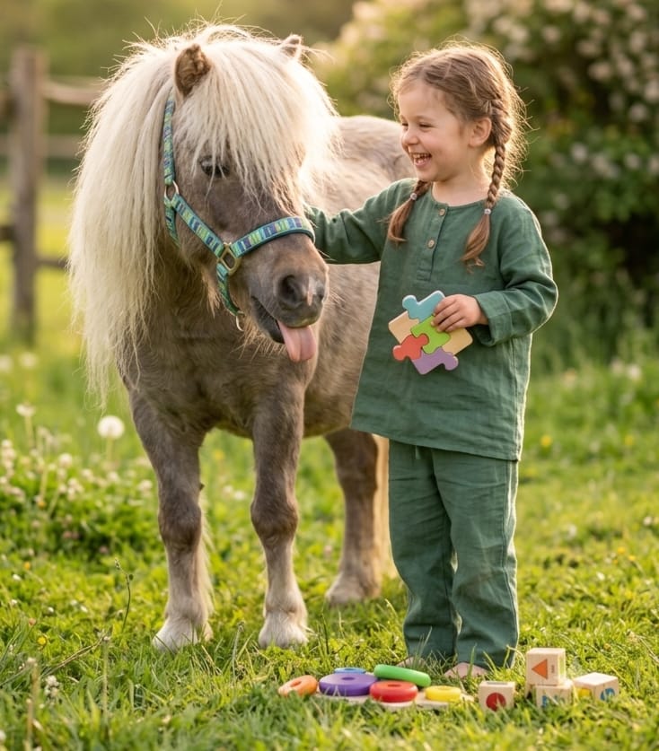 Kind lacht mit dem Shetlandpony im Frühlingsgarten