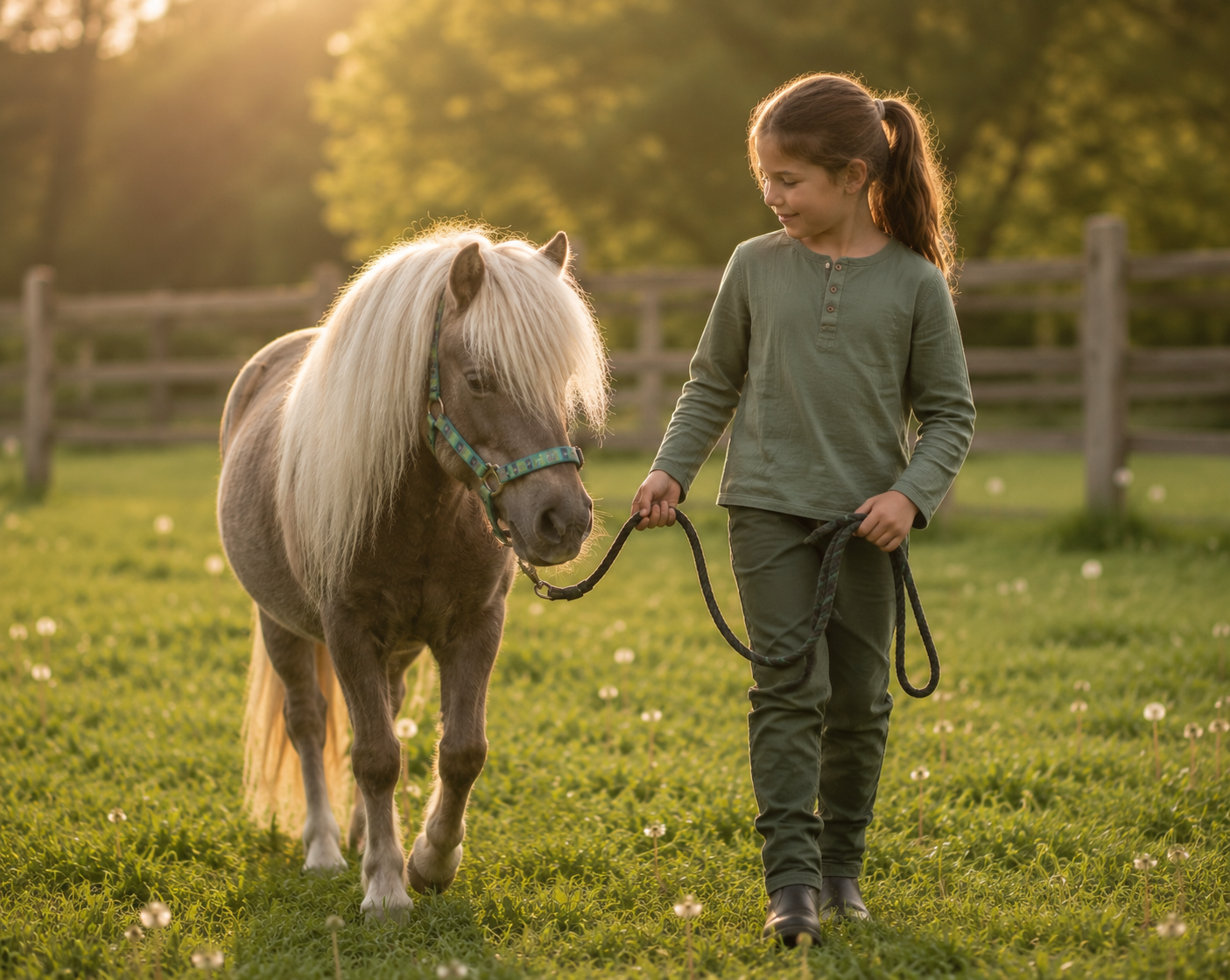 Mädchen führt Pony über eine sonnige Wiese