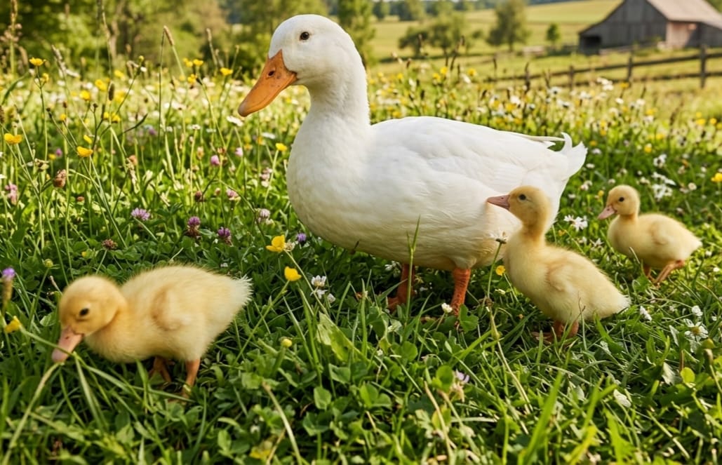 Ente mit Küken in der Wiese