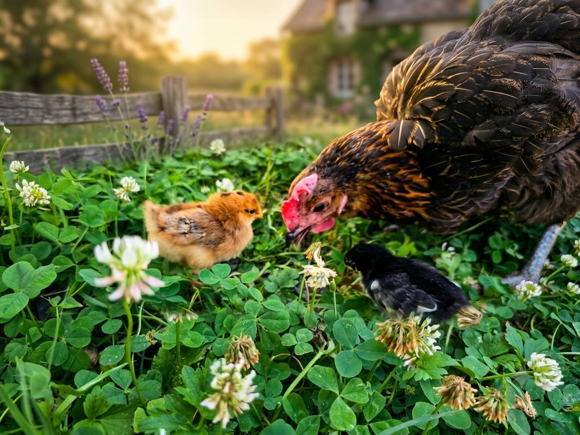 Henne füttert Küken in der Abendsonne