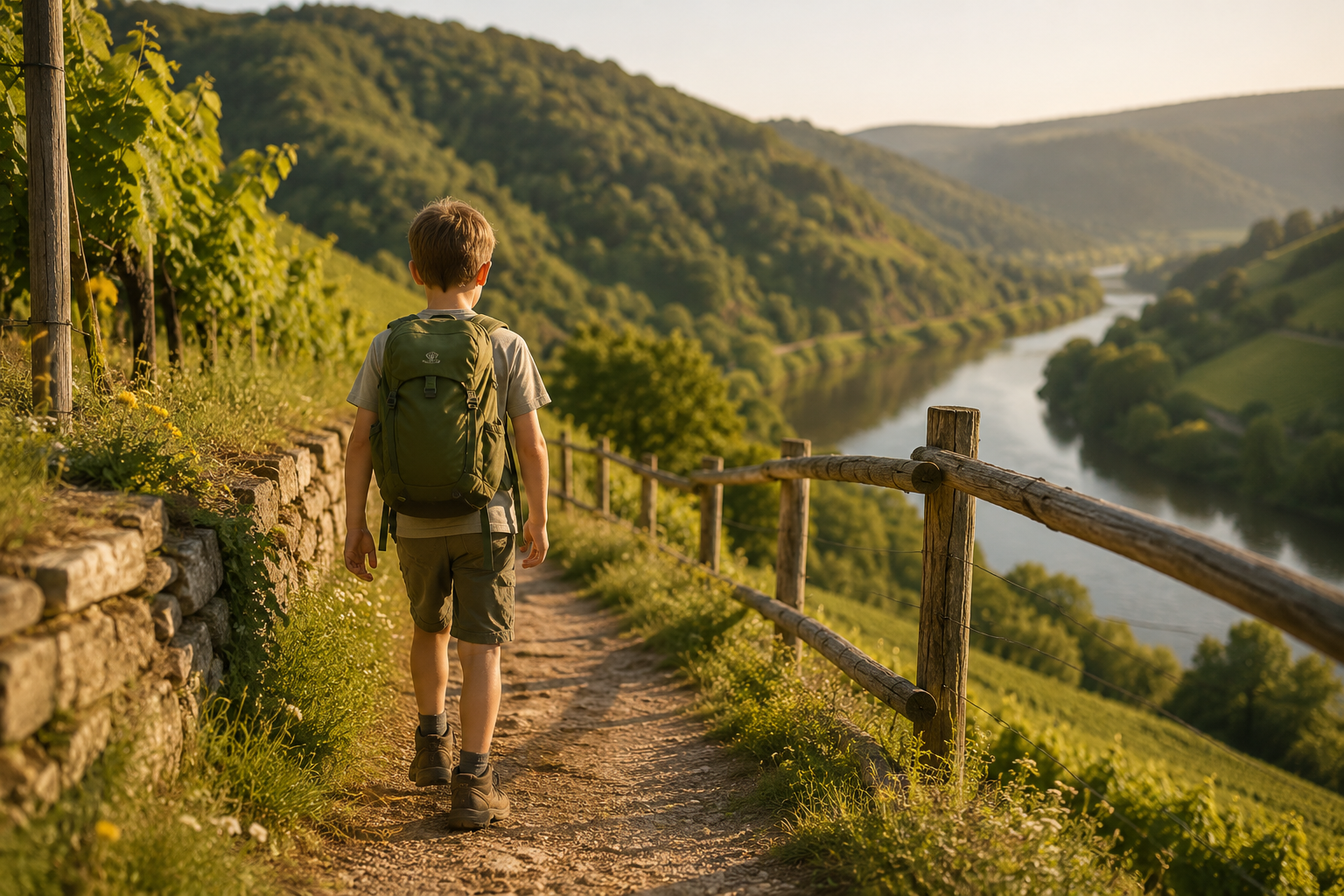 Kind wandert auf einem Pfad durch die Mosel-Weinberge